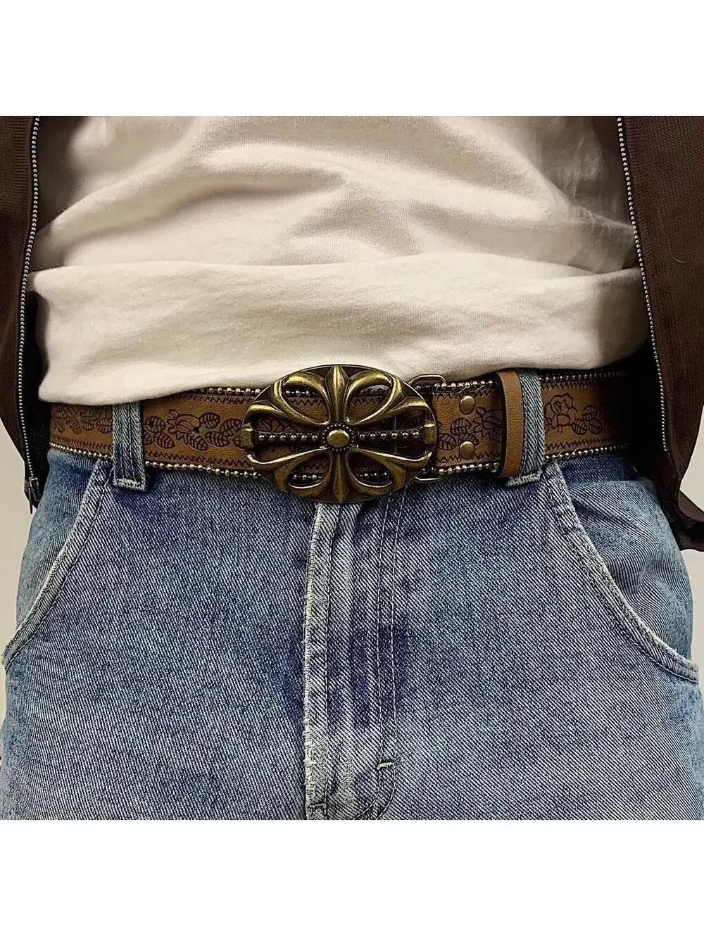 Y2k style American Western vintage style western floral gold beaded boho brown